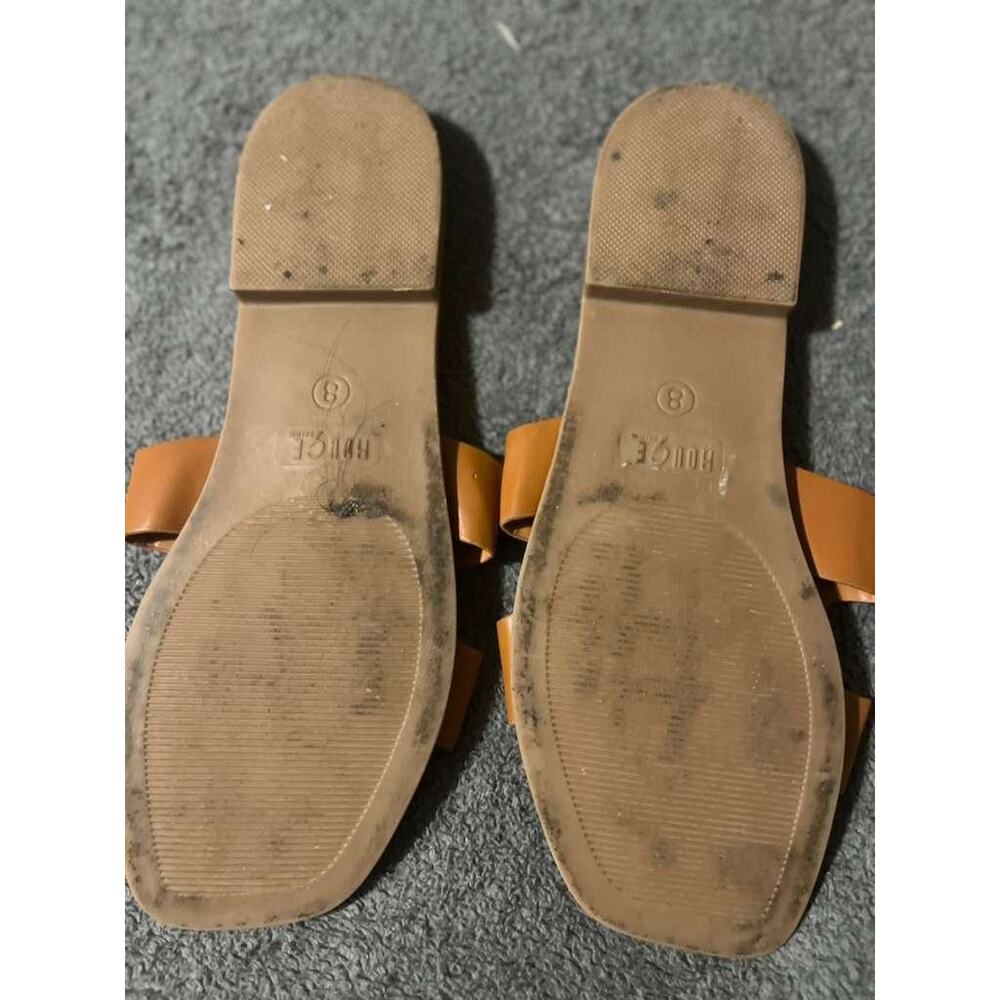Rouge Sandals Womens 8 Tan Slide Flat Open Toe Slip On Leather Look Studded Edge - Picture 3 of 3
